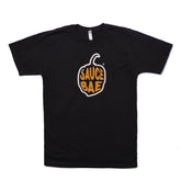 Black t-shirt with Sauce Bae pepper logo in yellow and orange on the front. The shirt is made from 100% combed ring-spun cotton, offering a casual and stylish look.